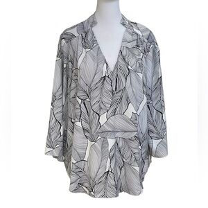 Gibson Latimer Navy White Leaf Print Tunic Top Sz XL Wide 3/4 Sleeves V Neck